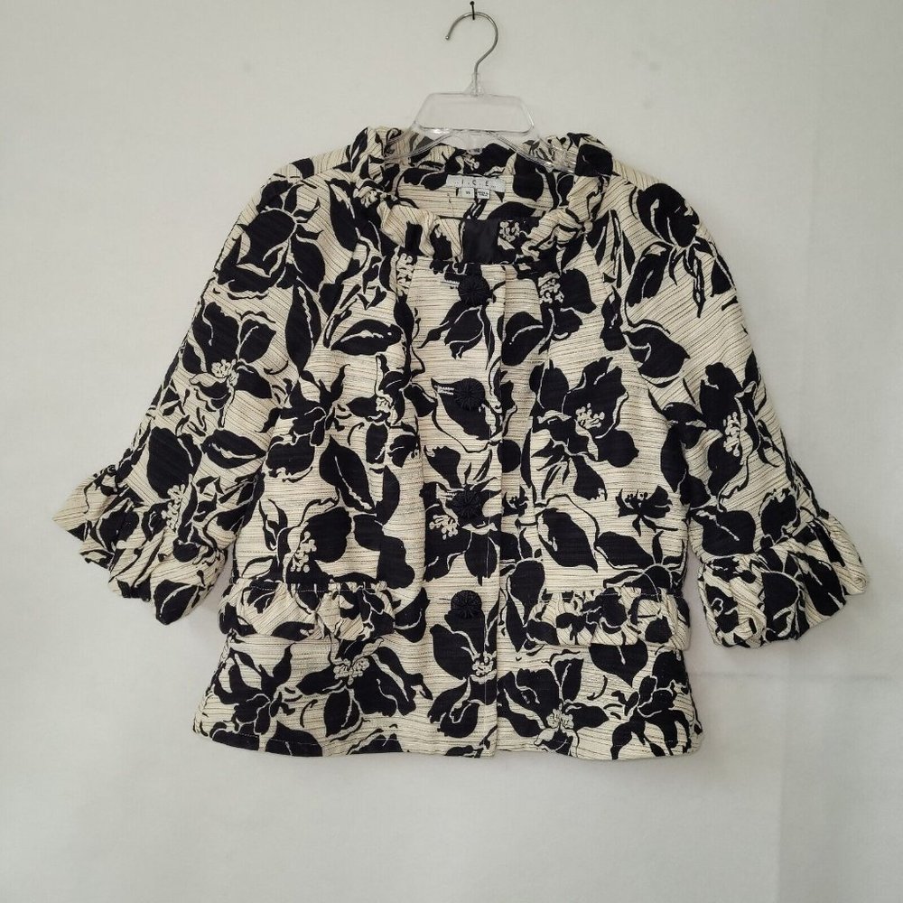 I.C.E Jacket Women 16(Fits more like 12) 3/4 Sleeve Button Front Tapestry Ruffle
